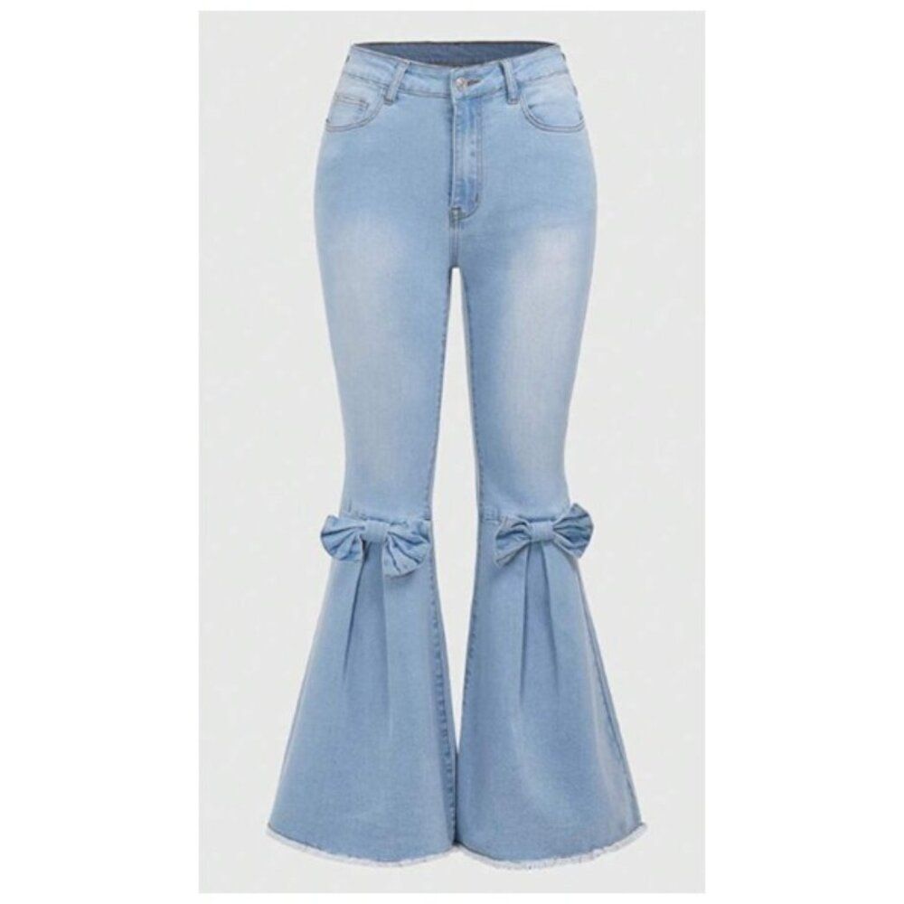 Romwe Bow Knee Flare Jeans Womens L Cotton Blend Light Wash High Rise Coquette